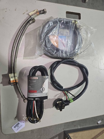Two 4 prong dryer power cords, two cable covered sink hoses, and one set of washing machine water