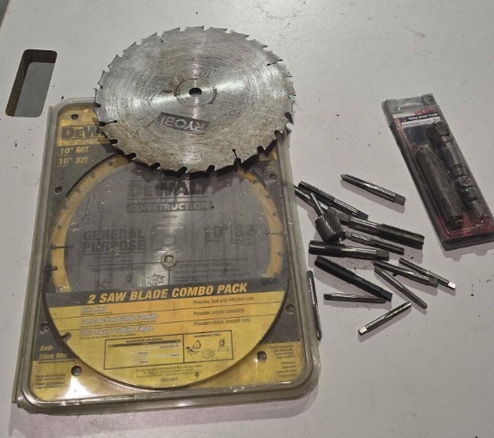 Two 10" saw blades, one Ryobi, used, one DeWalt in package, one thread repair kit, etc.