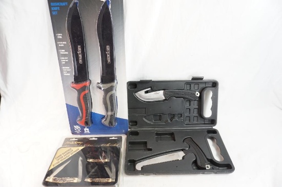 Cold Steel two knife set, Uncle Henry gift set both new, and Two other fixed blade knives in plastic