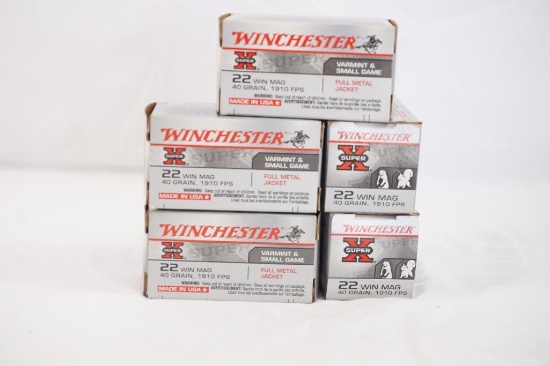 Five boxes of Winchester Super X 22 Win Mag 40gr JHP, 250 count total