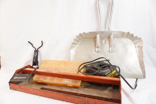 Lot containing a marksman slingshot, Dewalt battery charger, lrg dustpan, tool tray and small