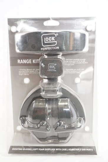 Glock Range kit, includes shooting glasses, ear plugs in case and ear muffs, new in pkg