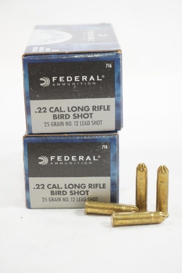 Two boxes of Federal .22 Cal LR Birdshot 25 gr #12 shot, 100 count total