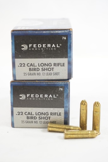 Two boxes of Federal .22 Cal LR Birdshot 25 gr #12 shot, 100 count total