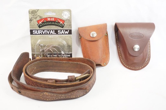 Leather Ranger 1" belt used, two leather cylinder pouches and one survival saw