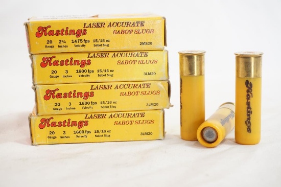 Four boxes of Hastings laser Magnum 20 gauge Sabot Slugs, 20 count total