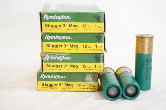 Four boxes of Remington Slugger 12 gauge 3" Magnum slugs, 20 count total