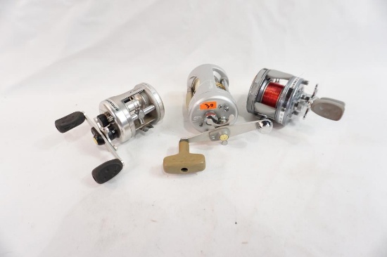 Three Abu Garcia Ambassadeur baitcasting reels, one pro max 6600W, one 3600C and one 4600C4 Mag