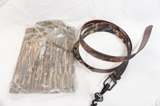 One medium Woolrich camo button up shirts and two camo size 40 belts, new