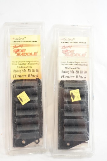 Two TacStar black side saddle shotshell carriers for Mossberg 20 gauge 500. 590, 600, new in pkgs