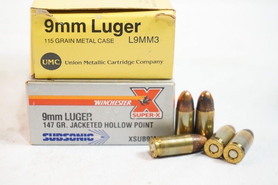 Two boxes of 9MM Luger, one Winchester 147 gr, JHP and one Union Metallic CO. 115 gr , 100 count