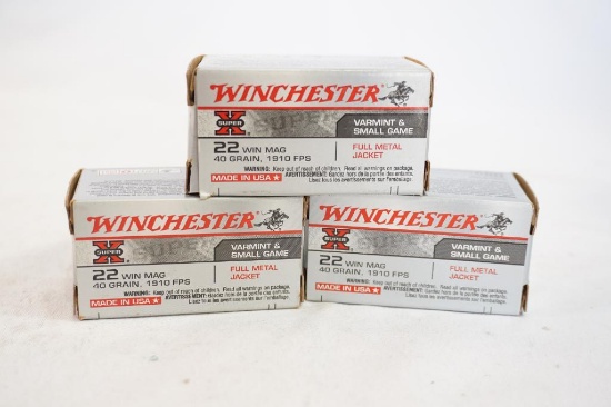 Three boxes of Winchester 22 Win Mag 40 gr FMJ. Count 150.