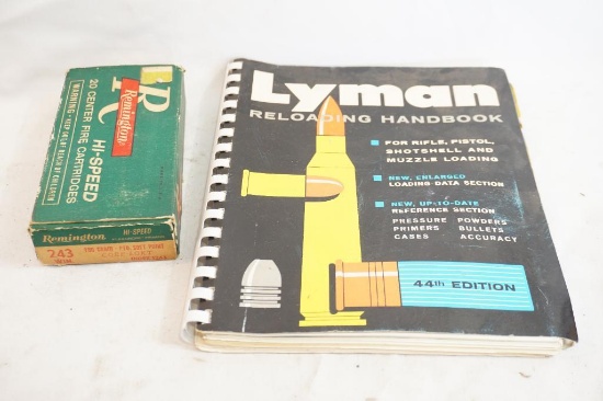 Lyman reloading handbook and Box of Remington .243 fired brass