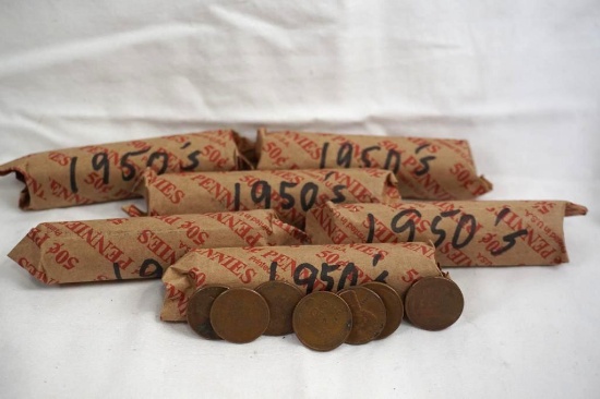 Bag containing 6 rolls of 1950's wheat pennies