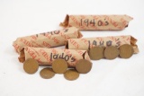 Four rolls of 1940's Lincoln Wheat pennies, in circulated condition