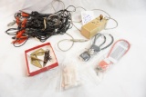Box of misc items including 3 broadheads for archery, a cable alarm, 3 gun locks etc