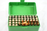 Green plastic ammo box with 13 rounds of 7mm-08, and 37 fired cases.