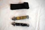 Two switchblade knives, and one nylon belt knife sheath.