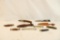 Six small folding pocket knives and 2 small fixed blade knives with leather sheaths