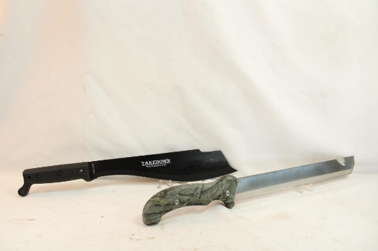 Two machetes, one Takedown with 11" blade and one Camillus Carnivore with 12" blade, both in nylon