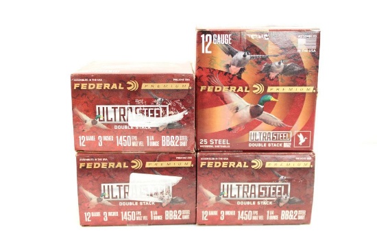Four boxes of Federal 12 ga 3" steel. BB&2 Shot. Count 100.