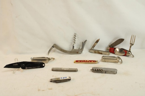 Ten small pocket knives and multi-tools