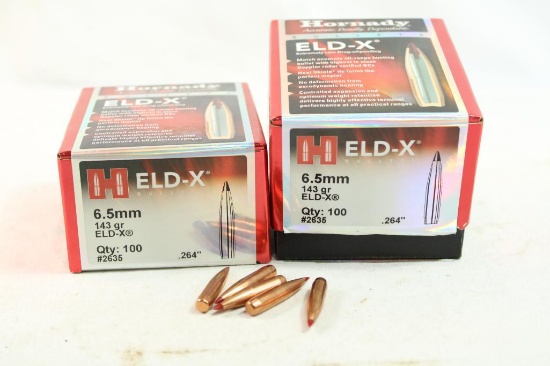 One full and one partial box of Hornady 6.5 MM 143gr ELD-X, 127 count total