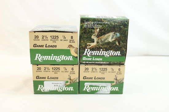 Four boxes of Remington 20 ga Game. One #8 shot, and three #6 shot. Count 100.