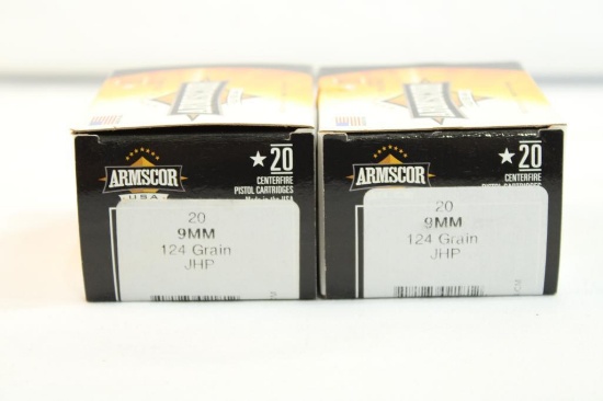 Two boxes of Armscor 9mm 124 gr JHP. Count 40.