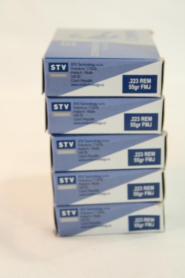 Five boxes of Scorpio 223 Rem 55 gr FMJ. Count 100.