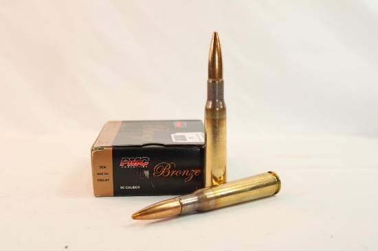 One box of PMC Bronze 50 cal 660 gr FMJBT. Count 10.