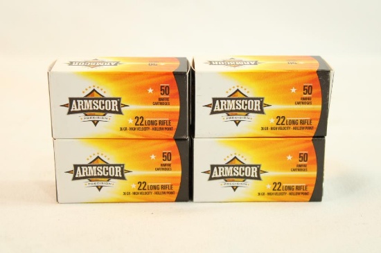 Four boxes of Armscor 22 LR 36 gr HP. Count 200.