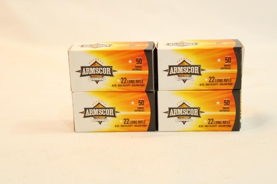 Four boxes of Armscor 22 LR 36 gr HP. Count 200.