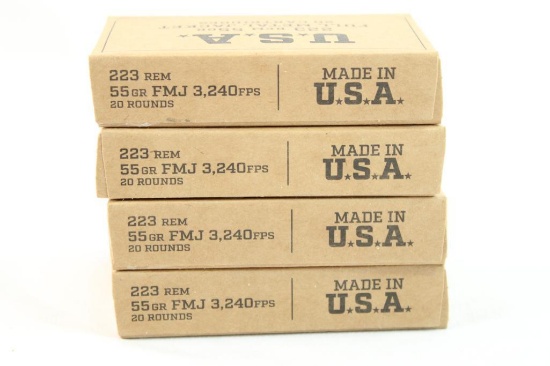 Four boxes of USA 223 Rem 55 gr FMJ. Count 80.