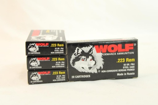 Four boxes of Wolf 223 Rem 55 gr FMJ. Count 80