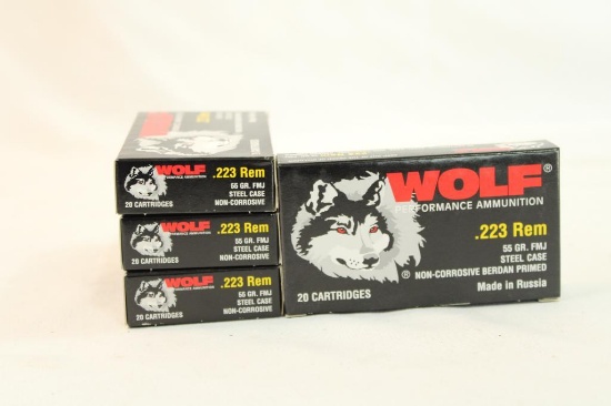 Four boxes of Wolf 223 Rem 55 gr FMJ. Count 80