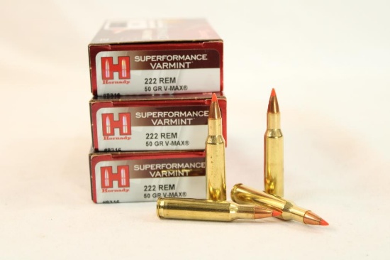 Three boxes of Hornady Varmint 222 Rem 50 gr V-Max. Count 60.