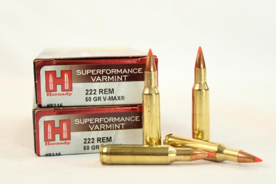 Two boxes of Hornady Varmint 222 Rem 50 gr V-Max. Count 40.