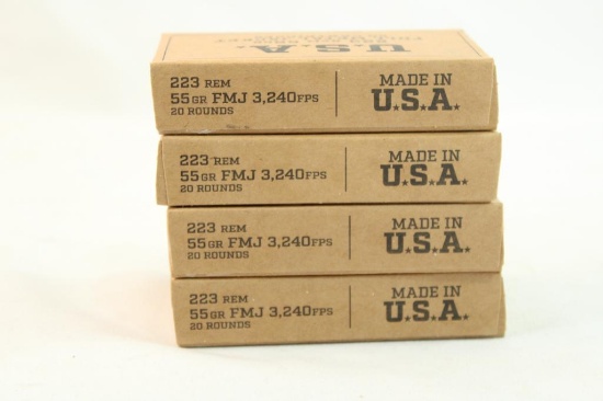 Four boxes of USA 223 Rem 55 gr FMJ. Count 80.