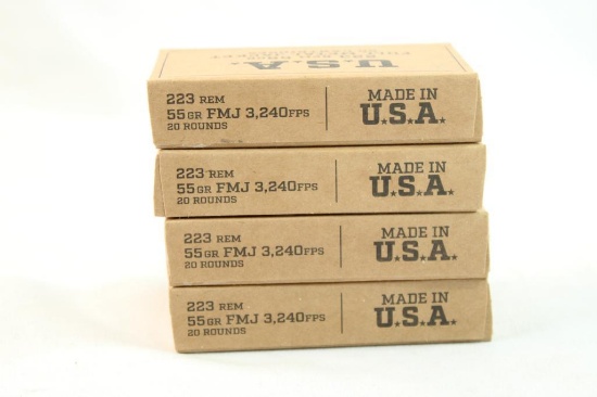 Four boxes of USA 223 Rem 55 gr FMJ. Count 80.