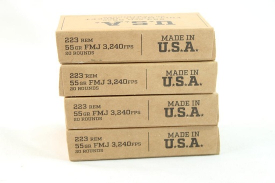 Four boxes of USA 223 Rem 55 gr FMJ. Count 80.