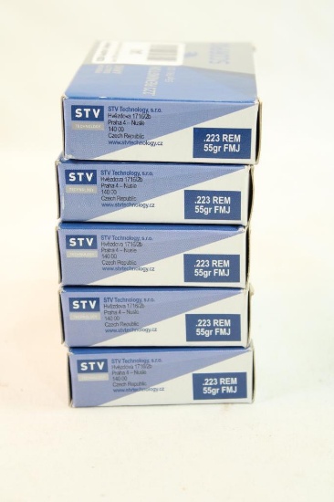 Five boxes of Scorpio 223 Rem 55 gr FMJ. Count 100.