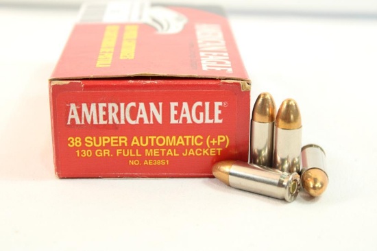 One box of Federal American Eagle 38 Super Auto +P 130 gr FMJ. Count 50.
