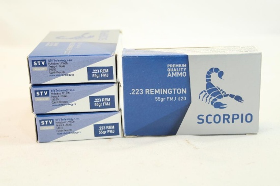 Four boxes of Scorpio 223 Rem 55 gr FMJ. Count 80.