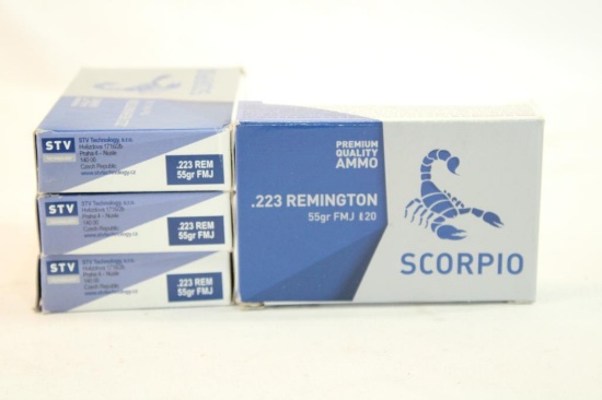 Four boxes of Scorpio 223 Rem 55 gr FMJ. Count 80.