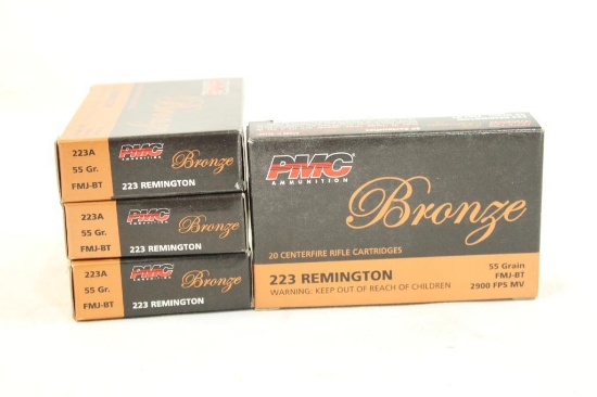 Four boxes of Bronze 223 Rem 55 gr FMJ BT. Count 80.