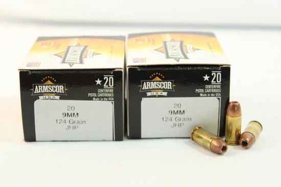 Two boxes of Armscor 9mm 124 gr JHP. Count 40.