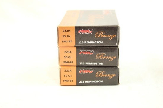 Three boxes of Bronze 223 Rem 55 gr FMJ-BT. Count 60.
