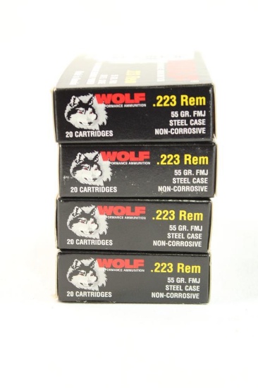 Four boxes of Wolf 223 Rem 55 gr FMJ. Count 80