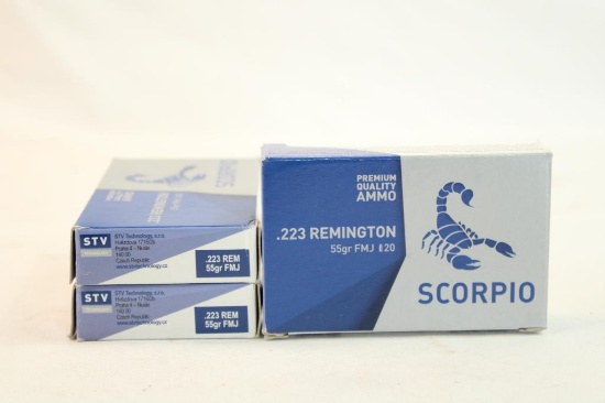 Three boxes of Scorpio 223 Rem 55 gr FMJ. Count 60.